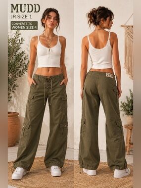 Mudd Lace Up Cargo Pants womens size 4 Y2K Utility Wide Leg Green Low Rise vtg